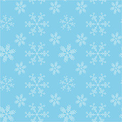 Light blue snowy seamless pattern. White snowflakes. New year and Christmas elegant and cute ornament. Usable for wrapping paper, cards, textile. Vector illustration