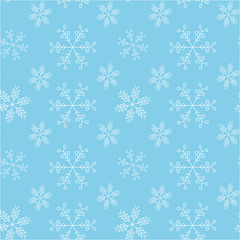 Light blue snowy seamless pattern. White snowflakes. New year and Christmas elegant and cute ornament. Usable for wrapping paper, cards, textile. Vector illustration
