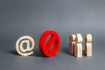 An internet email symbol and a group of people are separated by a red prohibitory symbol No....