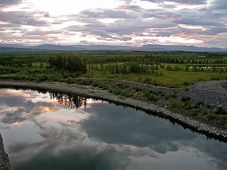 River landscape. Northern reindeer in summer forest. The sky, gr
