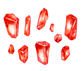 Bright red watercolor crystals isolated on white
