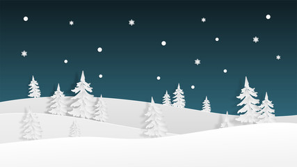 Winter landscape view in the night with snowflakes background in paper cut style. Vector illustration with snow field and pine tree. Design for poster, wallpaper, backdrop, banner, template, cover.