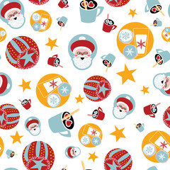 Santa Claus seamless pattern with cookies and milk, ornaments and stars. Vector