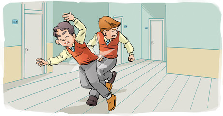two boys running at school
