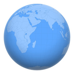 Seychelles on the globe. Earth centered at the location of the Republic of Seychelles. Map of Seychelles. Includes layer with capital cities.