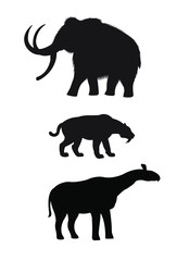 Vector set of black silhouette of prehistoric animals: mammoth, saber-toothed tiger and indricotherium isolated on white background