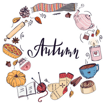 Autumn frame template with hand drawn cozy elements