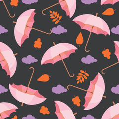 Seamless pattern with clouds, leaves and umbrellas . Wallpaper for children room. Weather background