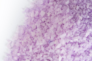 Lavender salt natural spa products and decor for bath on white background