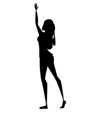 Black silhouette young happy woman with up raised hand cartoon character design flat vector illustration isolated on white background