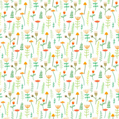 Seamless pattern background with flowers and leaves. Vector illustration for fabric and gift wrap design.
