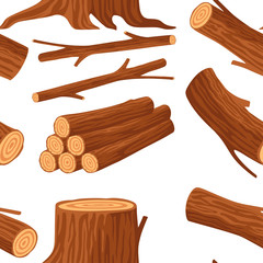 Seamless pattern with wood logs for lumber industry with trunks stump and planks flat vector illustration on white background