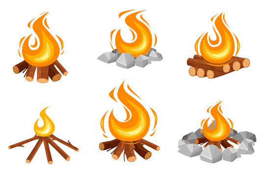 Set of different campfires burning wooden logs and camping stones flat vector illustration isolated on white background