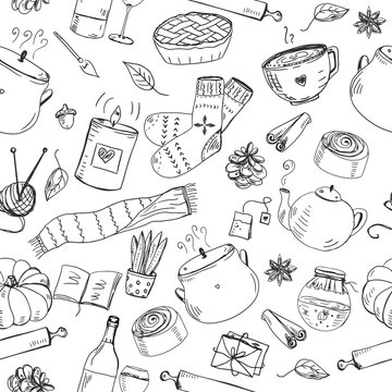 Autumn seamless pattern with hand drawn cute elements for making cosy mood.