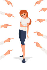 Many hands pointing the sad redhead upset woman looking down flat vector illustration on white background