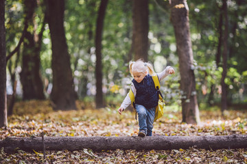 The theme children outdoor activities. Funny little baby Caucasian blond girl walks through forest overcoming obstacles, tree fell, log. Baby hiking big funny backpack in autumn forest park