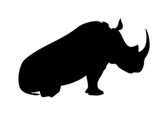 Black silhouette african rhinoceros sitting on the ground side view cartoon animal design flat vector illustration isolated on white background