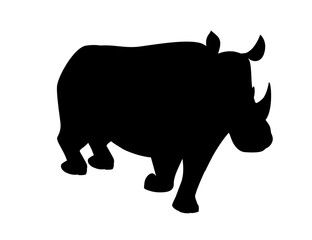 Black silhouette african rhinoceros walking cartoon animal design flat vector illustration isolated on white background