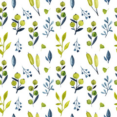 Watercolor seamless pattern. Pattern with flowers, leaves, branches. Romantic background for web pages, wedding invitations, save the date cards.