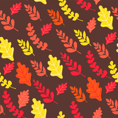 Autumn seamless pattern with orange, yellow and red leaves on brown background.  Pattern with natural motifs.