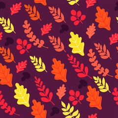 Seamless background with colorful autumn leaves and mushrooms on lilac background.  Autumn leaf fall.