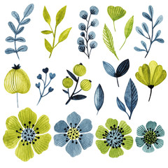 Colorful floral collection with flowers,leaves,branches,berries and more. Bright colorful floral collection with watercolor elements.Set of floral elements.Pastel collection for your design.