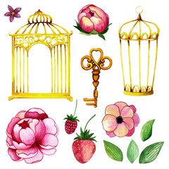 Handpainted watercolor flowers, strawberry, golden key, bird cages and leaves. Lovely clipart isolated.Can be used for your project,greeting cards,wedding,Birthday cards,bouquets,wreaths,invitations