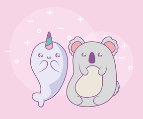 cute narwhal fairytale with koala baby kawaii style