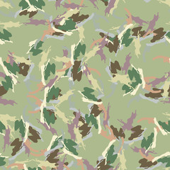 Forest camouflage of various shades of green, orange, brown and violet colors