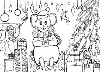Hand drawing coloring page for kids and adults. Merry Christmas and Happy New Year. Mouse. Rat. Christmas tree, decorations. Drawing with patterns and small details. One of a series of coloring
