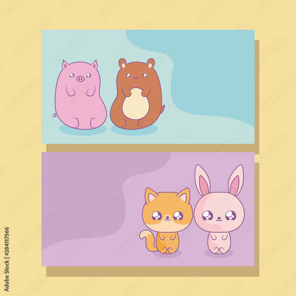 Wall mural group of cute animals baby kawaii style