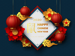Happy Chinese New Year 2020. Papercut flowers, clouds and hanging lanterns. Dark traditional chinese background. Translation Year of the rat. Vector.
