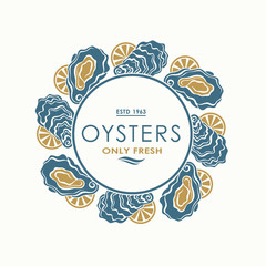 label of fresh oyster shell and lemon isolated on light background