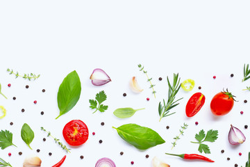 Various fresh vegetables and herbs on white background. Healthy eating concept