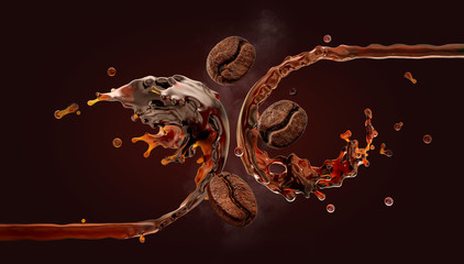 Fresh hot aroma black coffee, espresso, americano 3D splash with flying roasted arabica or robusta coffee beans. Ad poster design, layout on dark background. Liquid drink label, banner design element