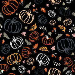 Seamless pattern of colorful pumpkins with maple leaves on dark background.