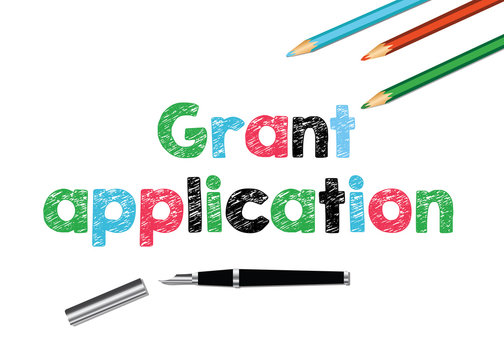 The words "grant application" painted by children’s crayons. Art, financing.