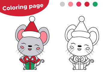 Kawaii mouse with gift. Merry Christmas. Coloring page for children. Chinese New Year symbol - rat. Cute vector rodent.