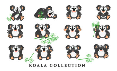 Fototapeta na wymiar Set cartoon funny koalas. Collection of gray animals with emotions on a white background. Isolated, in a flat style. Vector illustration.