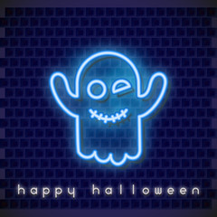 Halloween  Neon Banner with Neon Ghost. Brick Wall Background. Vector Illustration.