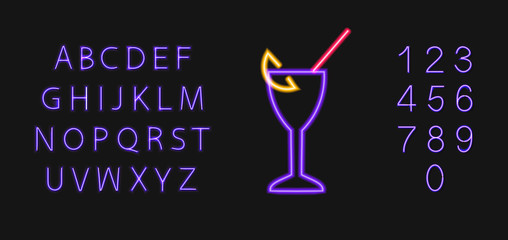 Vector Neon Line Art Cocktail and Type Set Isolated, Blue Color Letters, Bar Sign Template.