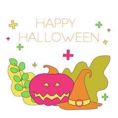 pumpkin halloween postcard witch hat leaves. Vector illustration