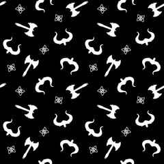Viking weapon seamless pattern. White color isolated on black background. Vector