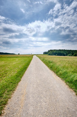 Obraz premium Beautiful sunny rural summer landscape with a long gravel road and a diminishing persepective