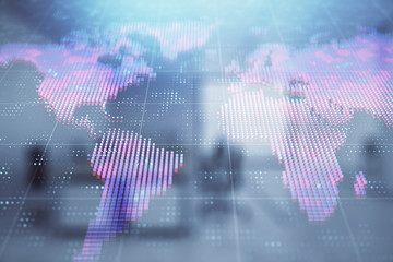 World map with trading desk bank office interior on background. Multi exposure. Concept of international finance