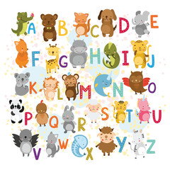 vector alphabet with animals for children. Cute smiling characters.