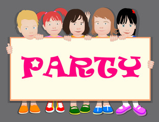 Girls are holding a horizontal banner. Template, flyer, place for text, copy space. Cartoon isolated on monochrome background.