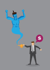 Cartoon Man Asks for Money from Magic Lamp Genie