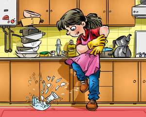 girl broke cups in the kitchen