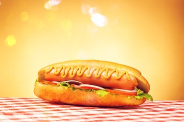 Barbecue Grilled Hot Dog with Yellow Mustard on  background